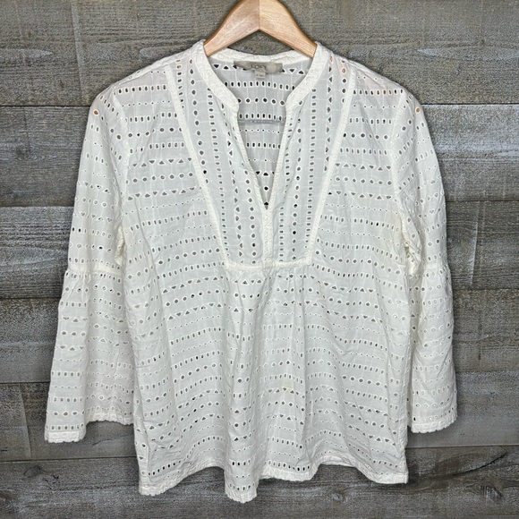 Ann Taylor Loft white eyelet bell sleeve boho top medium - Picture 1 of 6